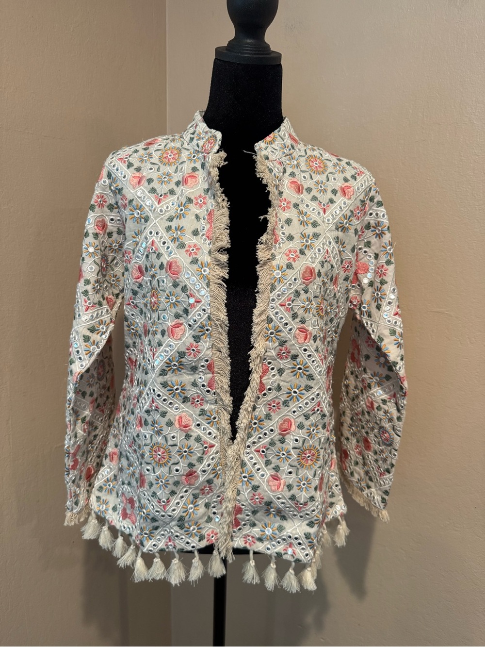 Embroidered Floral Tassel Jacket - Cream & Pink